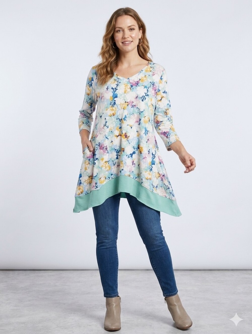 Logo By Lori Goldstein. Long Sleeve Floral V-Neck Tunic Top in Pastel Multi by